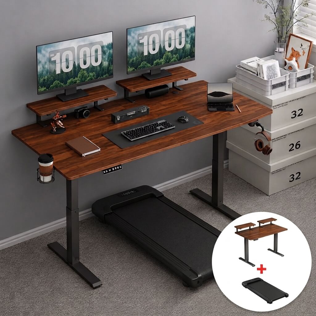 Treadmill Desk Combo - Dual Shelf Electric Standing Desk + Under Desk Treadmill Included