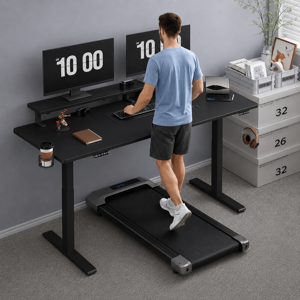 Dual Shelf Electric Standing Desk + Under Desk Treadmill Included