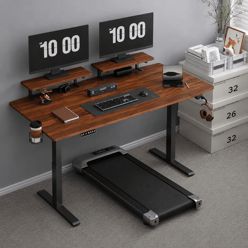 Dual Shelf Electric Standing Desk + Under Desk Treadmill Included