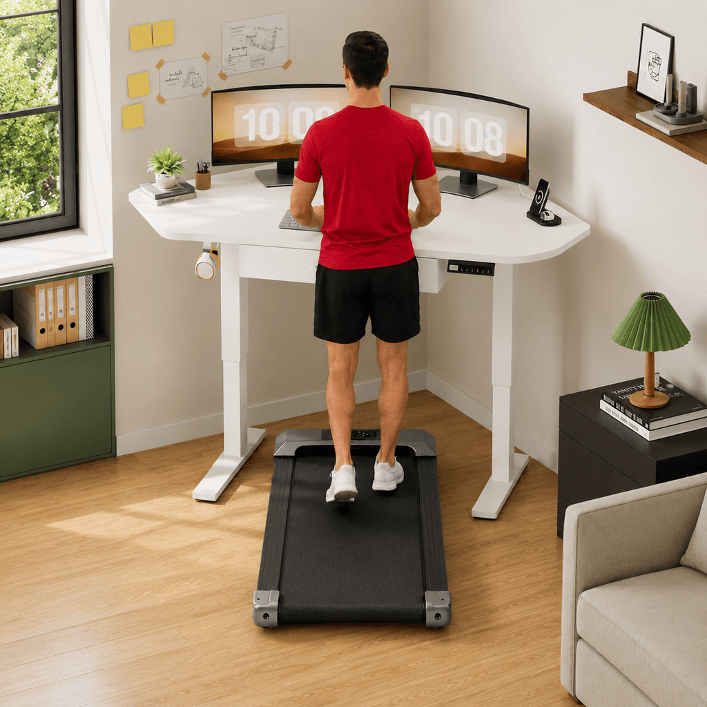 Corner Electric Standing Desk + Under Desk Walking Pad Bundle