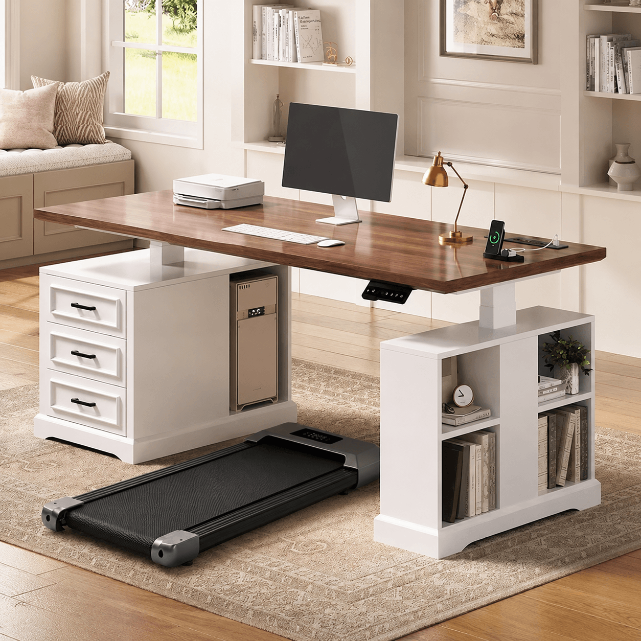 White Wood Modern Standing Desk with Walking Pad Treadmill Bundle