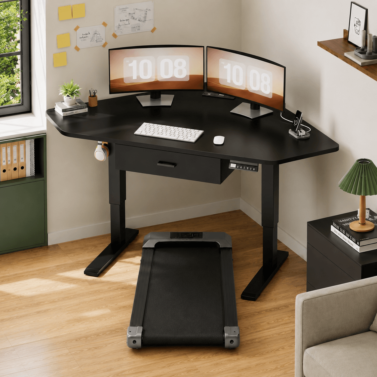 Corner Electric Standing Desk + Under Desk Walking Pad Bundle
