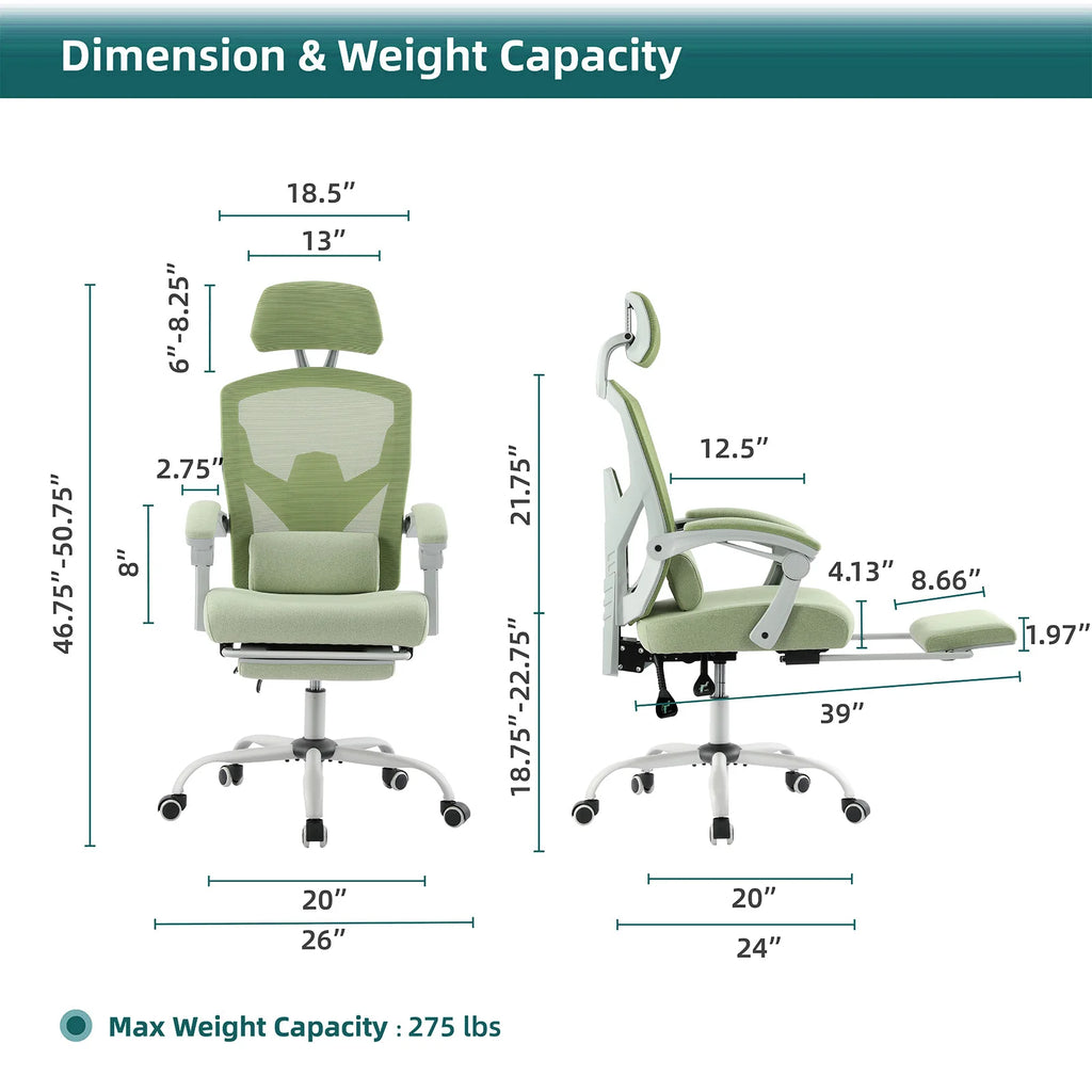 Green office chair with dimensions and weight capacity displayed