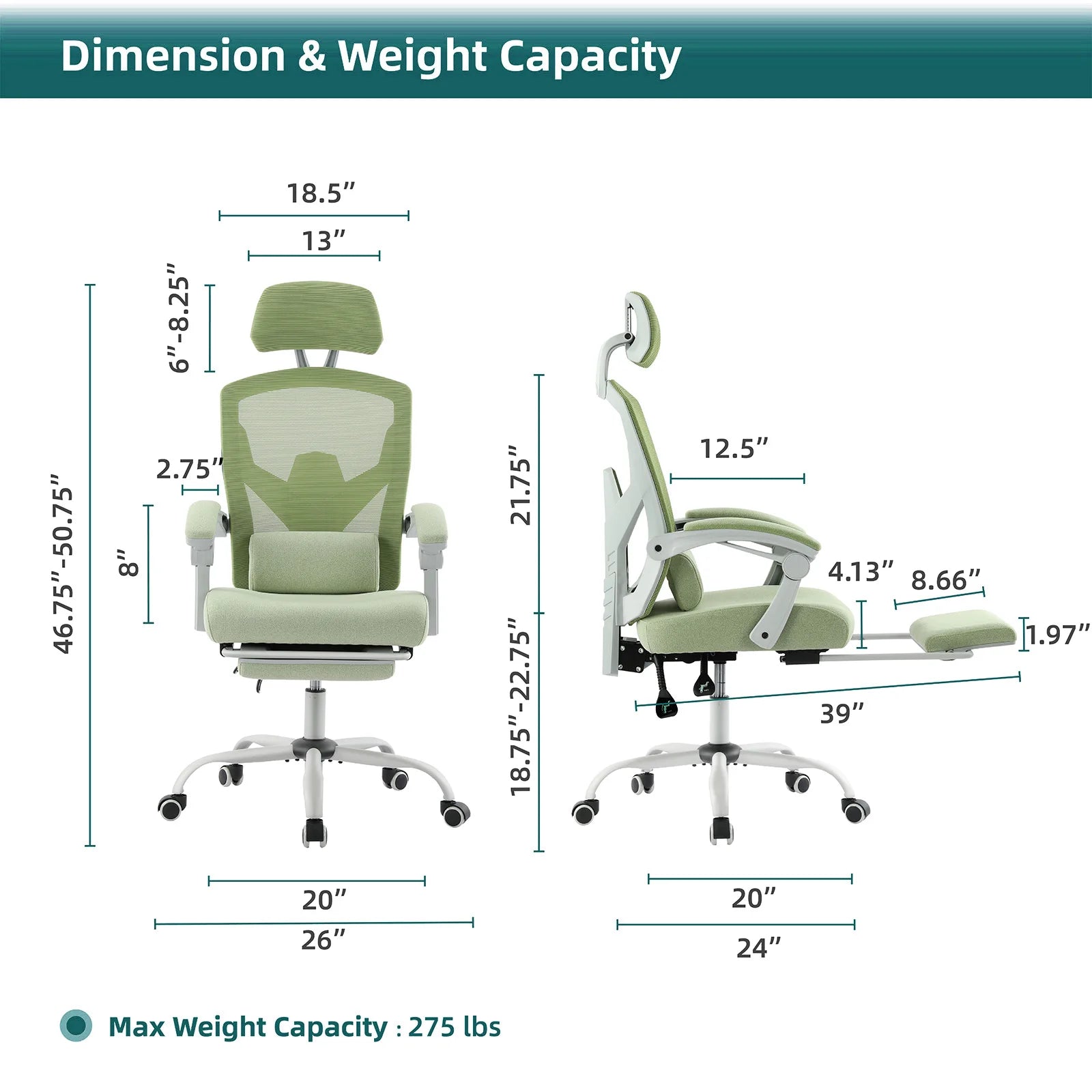 Green office chair with dimensions and weight capacity displayed